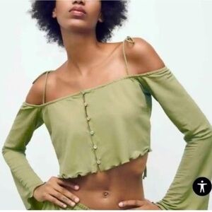 Zara Sage Green Peasant Top – Off Shoulder Renaissance Fairy Cottagecore Blouse